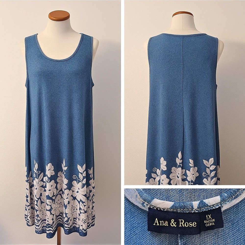 Ana & Rose 1X Knee Length Dress Blue/White‎ Cottagecore Garden Party Casual